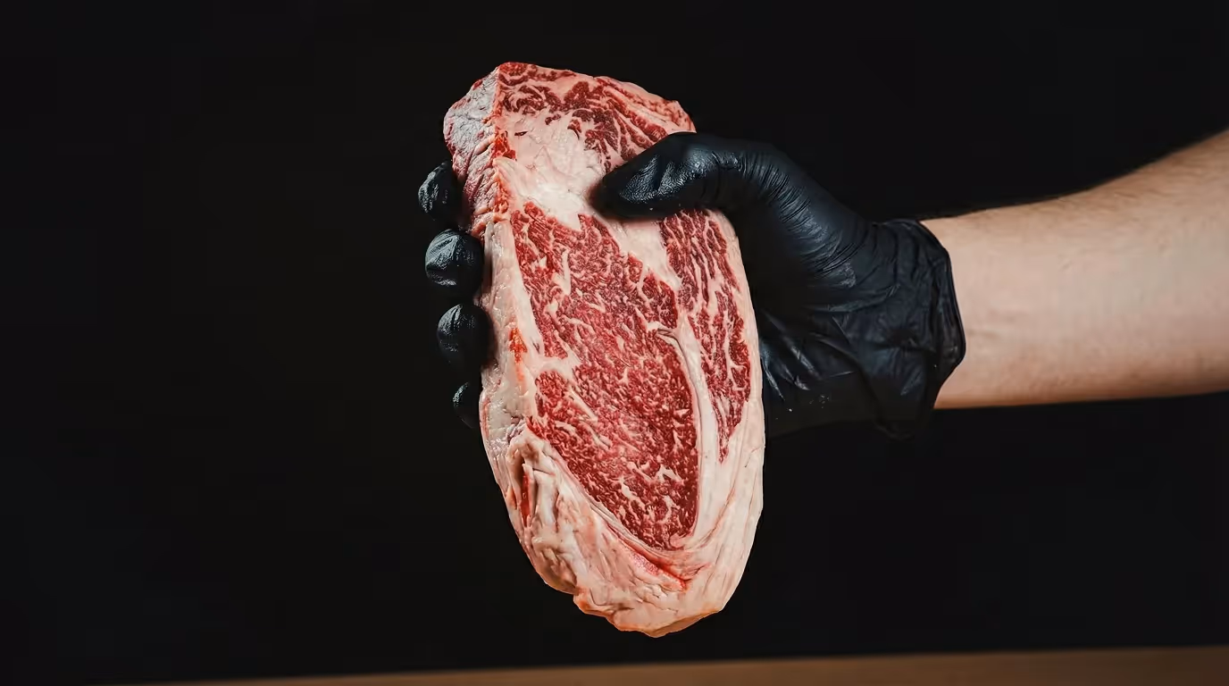 Hand holding a premium ribeye steak